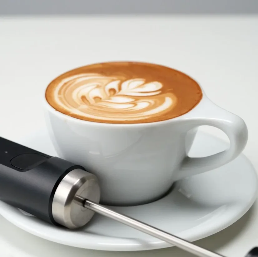 Subminimal NanoFoamer Lithium milk frother and cup with foam and latte art