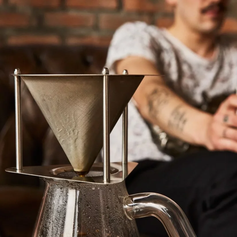 E&B LAB drip coffee maker in elegant silver color for making quality coffee.