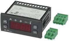 Regulator Eliwell Tecnodom, schwaarze Panneel-Kontroller mat engem Display, Knäppercher a zwee grénge Stecker.