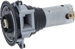 Motor vun der Kaffismillen mat Gedreiwer a groem Halter fir d'Mahlscheiwen op enger Säit an engem zylindresche Elektromotor mat Konnektoren op der anerer.