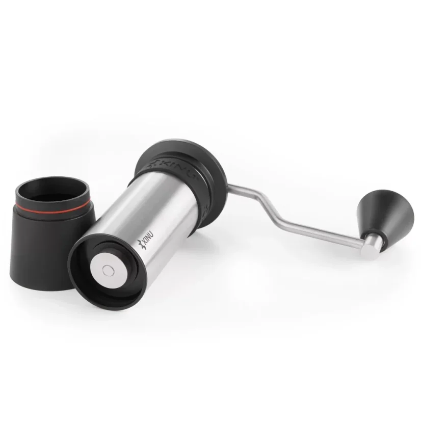 Manual coffee grinder in silver with a silicone funnel and 47mm grinding stones from Kinu M47 Phoenix.