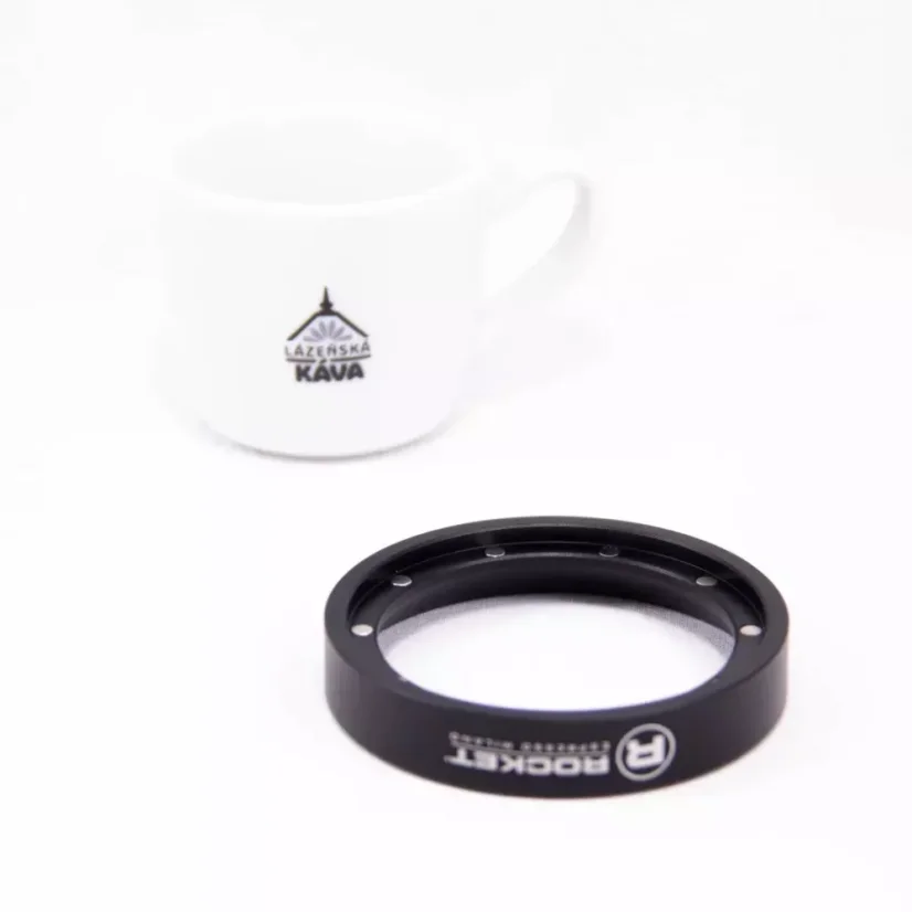 Entonnoir en vrac noir Rocket Espresso avec un diamètre de 58,55 mm, idéal pour le dosage précis du café moulu.