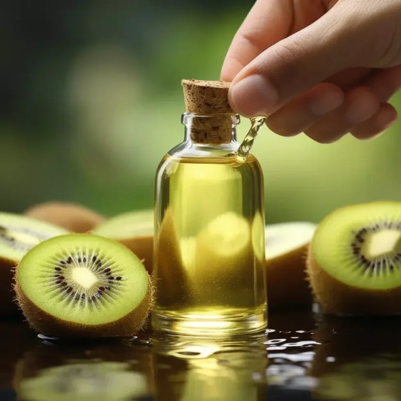 Bouteille en verre avec de l'huile essentielle 100 % naturelle de Kiwi de 10 ml, destinée aux soins anti-rides.