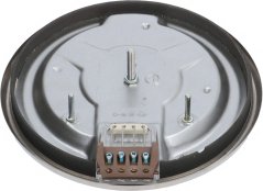 Récksäit vun der Elektrescher Kachplack mat Metallstëfter an enger Klemmenleescht. Récksäit vun der Elektrescher Kachplack mat Metallstëfter an enger Klemmenleescht.