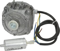 Metallenen Elektromotor mat enger wäisser Rimmscheif an engem ugeschlossene Laafkondensator mat Kabel.