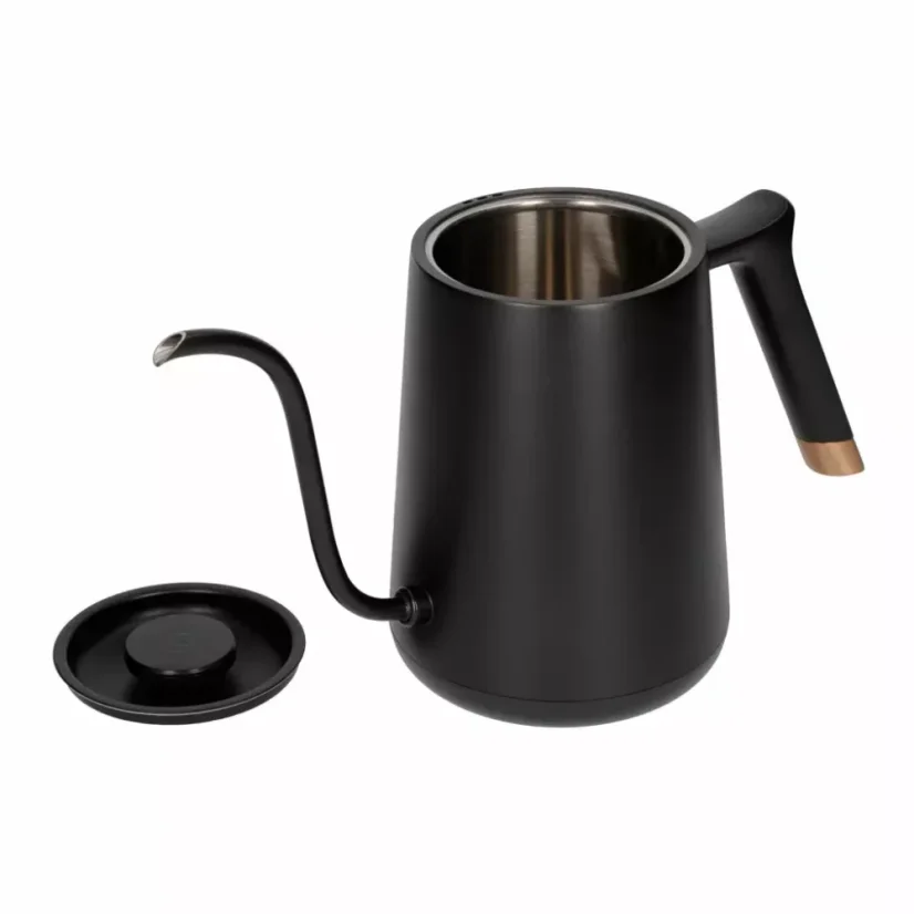 Digitálny rýchlovarný kanvica Timemore Fish Smart Pour Over Thin v elegantnej čiernej farbe je vyrobená z kvalitnej nerezovej ocele, čo zaisťuje jej dlhú životnosť a moderný vzhľad.