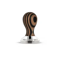 Heavy tamper with wooden handle and base size of 58.5 mm.