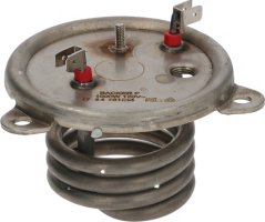Telleren-Heizelement mat enger Metallplack, zwee roude Steckerkontakter an engem spiralfërmege Rouer ënnen.