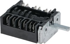 Rotary Switch 0–6 Positiounen LOFRA, schwaarze Plastik-Dréischalter mat rouder Plastikzong, flache Konnektorstëft an enger véiereckeger Welle