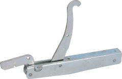 Metallscharnéier fir d'Uewendier mat engem hackfërmegen Aarm an engem Fiedermechanismus op enger Schinn Metallscharnéier fir d'Uewendier mat engem hackfërmegen Aarm an engem Fiedermechanismus op enger Schinn