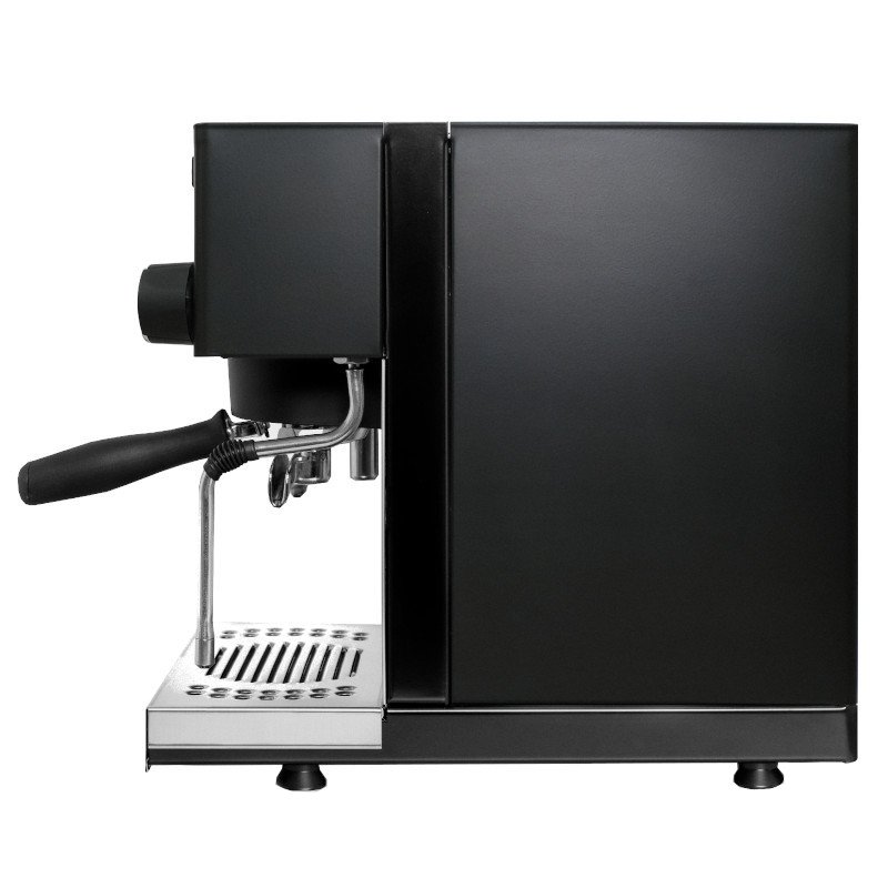 De rechterkant van de zwarte Rancilio koffiemachine.