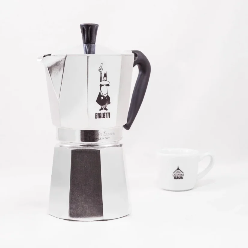 Bialetti Moka Express for 9 cups, traditional moka pot suitable for heating on halogen sources.