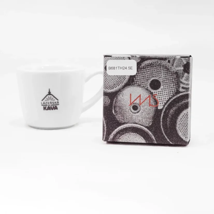 IMS basket in the original pink-gray box on a white background with a cup ; Portafilter baskets