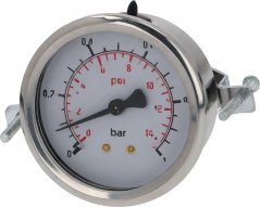 Verchromte Manometer mat der Opschrëft ORMAN an enger duebeler Skala a Bar a Psi.
