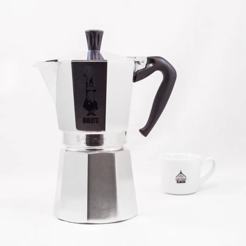 Traditional Bialetti Moka Express pot with a capacity to prepare 9 cups of coffee.