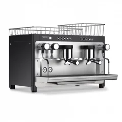 Professional dual-group espresso machine in black.