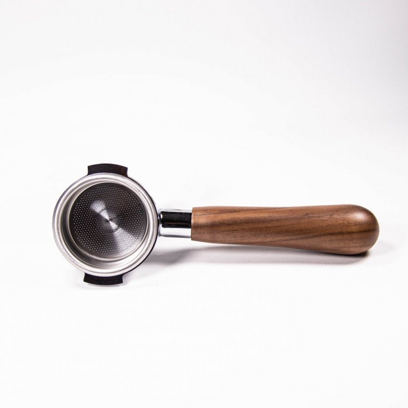 Portafilter naked 58 mm with wooden handle in walnut colour.