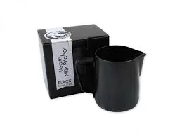 Rhinowares Stealth black milk pitcher with original packaging, 360 ml volume, on a white background