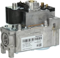 Gasventil Honeywell mat Metallgehäus, Spull an elektroneschem Steierteil uewen.