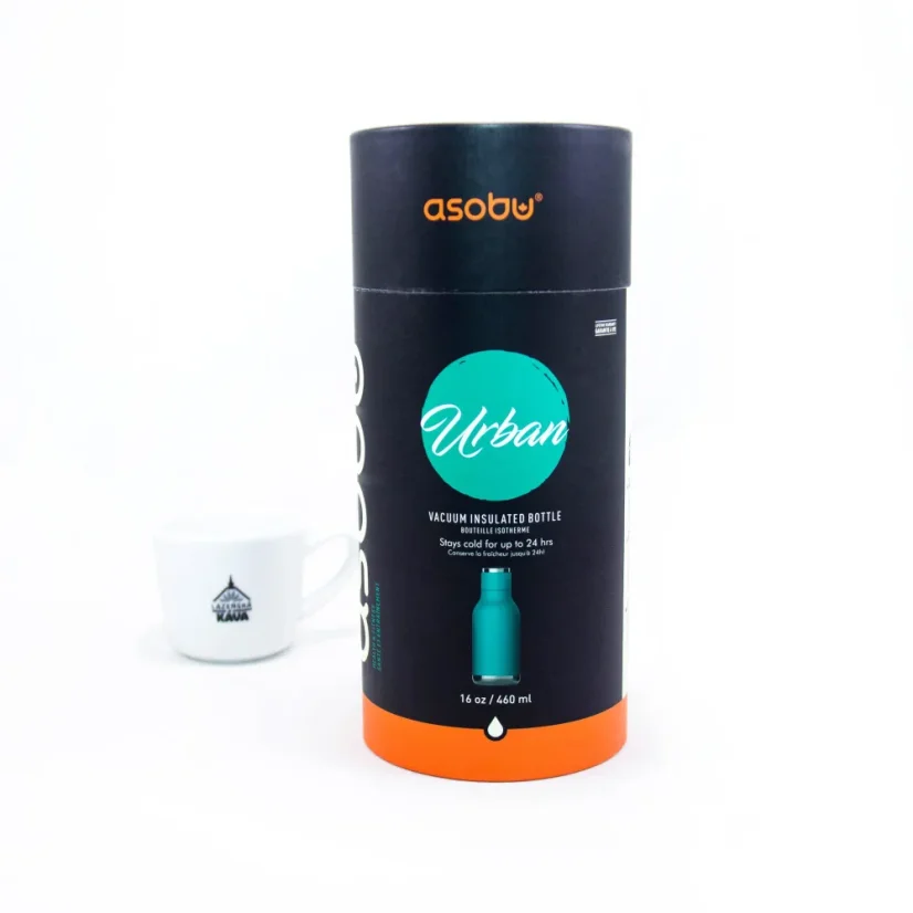 Asobu Urban Water Bottle, a 460 ml thermos mug in an attractive turquoise color, suitable for traveling.