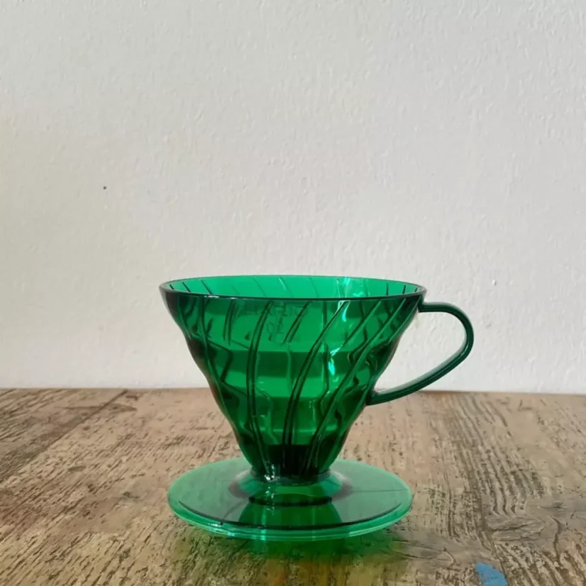 Green plastic Hario V60-02 dripper for brewing 2-4 cups of coffee.