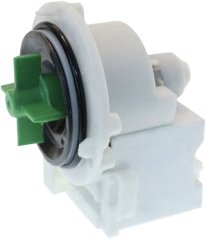 Pompel fir Ofwaasser 30W 220/230V SMEG 792970352, wäiss Plastikpompel mat engem grénge Flillek an enger Dichtung.