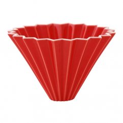 Red dripper for the preparation of Origami drip coffee.