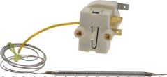 Wäisse Plastikthermostat mat engem Dréiknäppchen, Metallkontakter an enger laanger giel Kapillar, déi mat engem Sensor endegt. Wäisse Plastikthermostat mat engem Dréiknäppchen, Metallkontakter an enger laanger giel Kapillar, déi mat engem Sensor endegt.