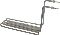 Heizkierper an der Form vun enger gebéiter Metallréier mat zwee Kontaktstëft um engem Enn Heizkierper an der Form vun enger gebéiter Metallréier mat zwee Kontaktstëft um engem Enn