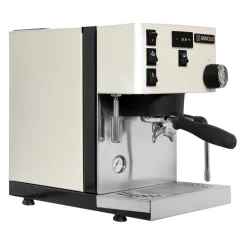 Front view of a white lever espresso machine by Rancilio.