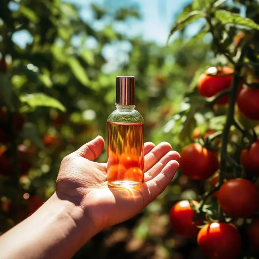 Flacon en verre avec de l'huile essentielle de tomate 100% naturelle, idéale pour une utilisation au printemps.