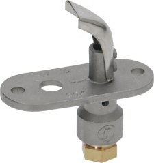 Metallplack mat gebéiter Düs vum Zündbrenner an engem Messing-Gewandagang ënnen. Metallplack mat gebéiter Düs vum Zündbrenner an engem Messing-Gewandagang ënnen.