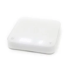 Weiße digitale Kaffeewaage Acaia Pearl S aus Kunststoff, ideal für präzise Kaffeemessungen.