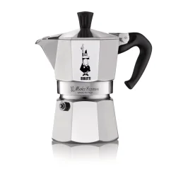 Bialetti Moka Express coffee maker for brewing one cup of coffee, suitable for use on a gas burner.