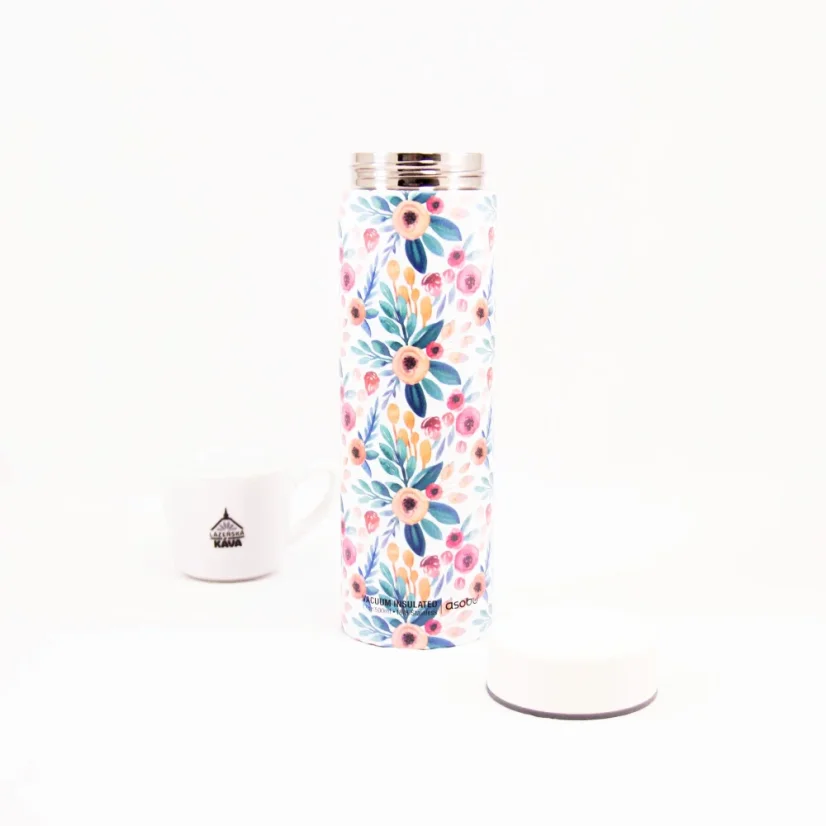 White Asobu Le Baton Floral 500 ml thermal mug with floral pattern, ideal for travel.