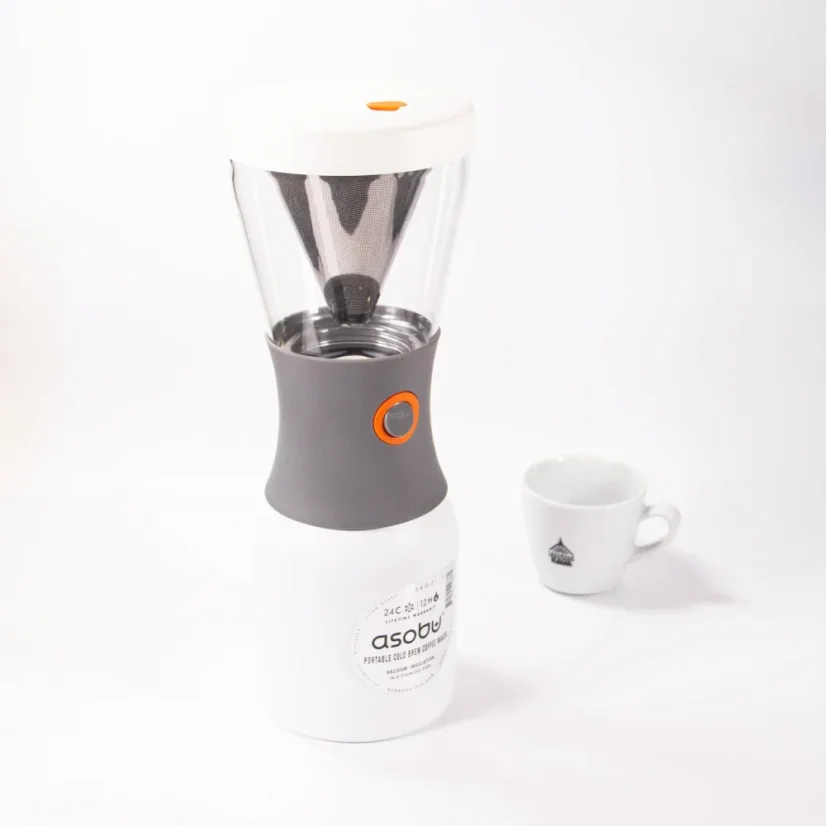 Side view of a white Asobu coffee maker for homemade cold brew.
