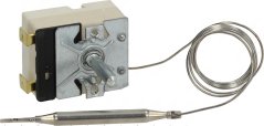 Eenfase Thermostat mat engem Metallkierper, engem rouden Knäppchen an engem sëlwerfaarwegen Kapillar dat an enger Metallsond mat Gewend ophält. Eenfase Thermostat mat engem Metallkierper, engem rouden Knäppchen an engem sëlwerfaarwegen Kapillar dat an enger Metallsond mat Gewend ophält.