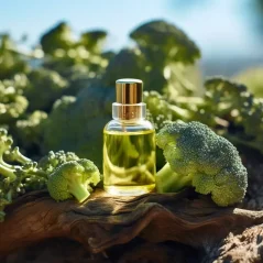 Botella de vidrio con aceite esencial 100% natural de brócoli, volumen 10 ml. Botella de vidrio con aceite esencial 100% natural de brócoli, volumen 10 ml.