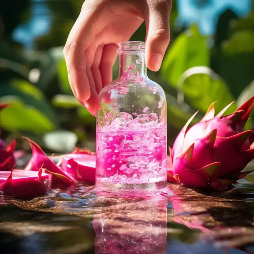 Flacon en verre de 10 ml d'huile essentielle 100% naturelle de fruit du dragon, destinée aux soins de la peau à problèmes.