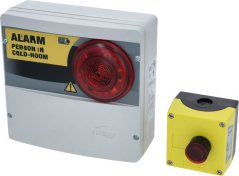 Gro Alarmbox mat rouder Sirenlicht an engem separaten gielem Knäppchen mat Deckel Gro Alarmbox mat rouder Sirenlicht an engem separaten gielem Knäppchen mat Deckel