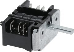 Rotary switch, 2 Positiounen, schwaarze Plastik-Dréischalter mat sechs flache Konnektorstëft an zwou Reien an enger véiereckeger Welle