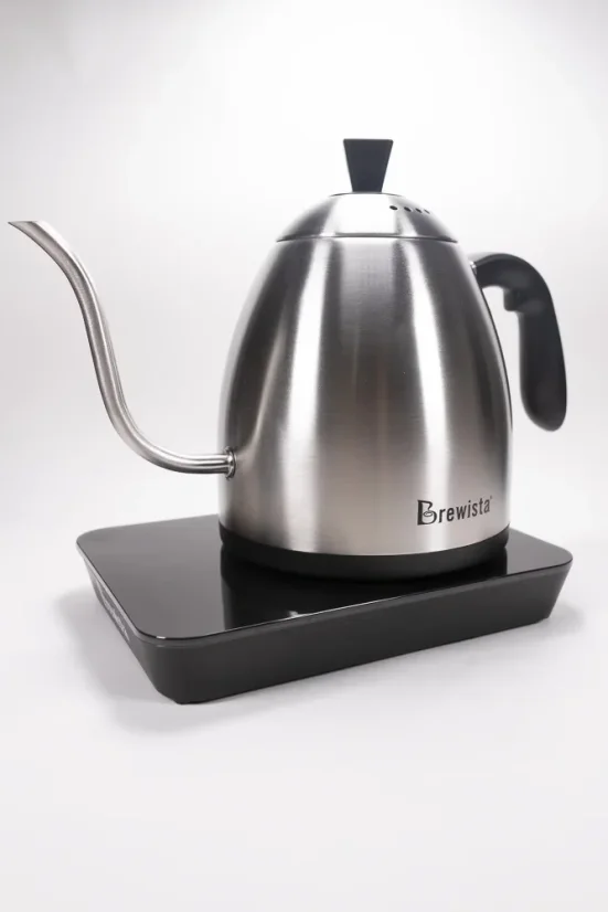 Silver Brewista Smart Pour electric kettle with black handle on a white background