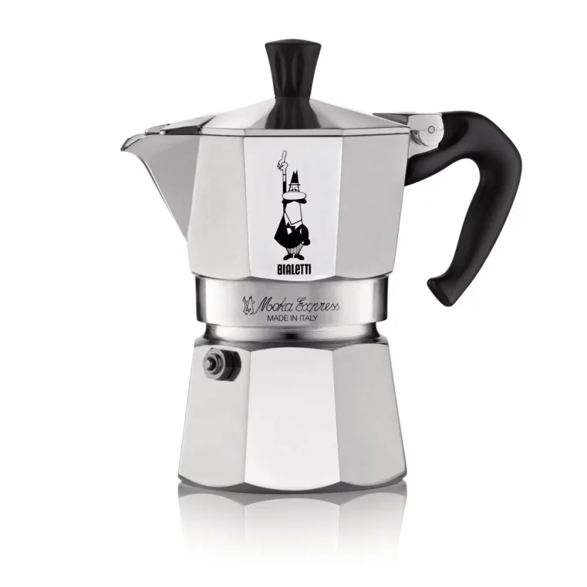 Silver Bialetti Moka Express pot for 3 cups on a white background, side view