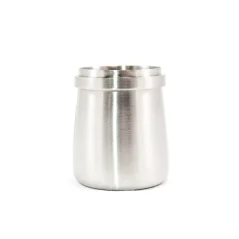 Stainless steel coffee grinding cup made of steel material by Acaia on a white background.