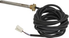 Zylindrescht Patroune-Heizelement aus enger Inox-Réier mat Messinggewand, wäisse Stecker an engem opgerollte Kabel. Zylindrescht Patroune-Heizelement aus enger Inox-Réier mat Messinggewand, wäisse Stecker an engem opgerollte Kabel.