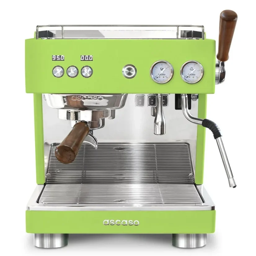 Ascaso Baby T coffee machine in green with wooden accents.