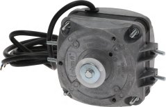 Groe quadrateschen Ventilatormotor mat Metallachs, Plastikrull an engem erausgeleete Kabel.