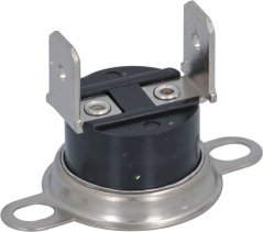 Kontakttemperaturregulator mat schwaarzem zylindresche Gehäus, zwee Schraufkontakter a Metall-Montageär.