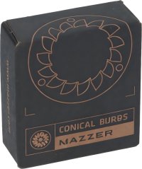 Këscht vun de Mielsteng mat engem stiliséierten Zännradmotiv an dem Opdrock Conical Burrs Mazzer