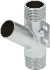 Verzinkten Auslassarmatur a Y-Form mat zwee baussenzege Gewanner an engem Montagehalter. Verzinkten Auslassarmatur a Y-Form mat zwee baussenzege Gewanner an engem Montagehalter.